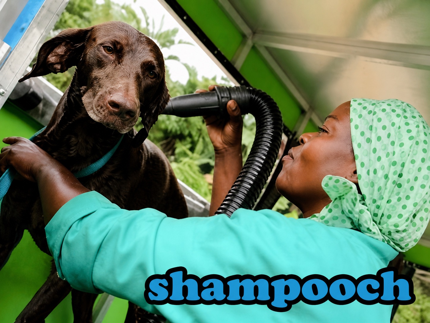A Shampooch groomer gently drying a dog